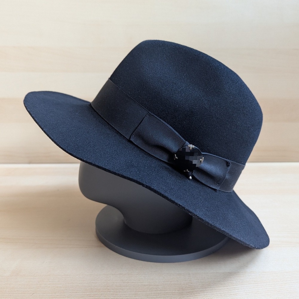 Goorin Bros Black Wool Fedora Hat Wide Brim Jewel Detail Made in USA Womens Med